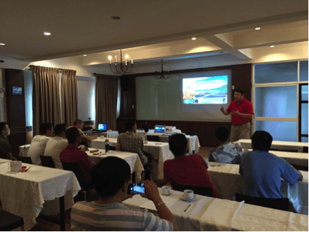 Hsiang Pin Lan, USSEC Asia Marine Aquaculture Specialist, and Levy Loreto L. Manalac, USSEC Philippines Technical Manager - Aquaculture present the USSEC Cage Aquaculture Production Cost Management seminar to Chinese staff and managers of Sahara Feeds Corp. Milkfish Cage Farm in Taal Lake, Talisay, Batangas, Philippines on December 7