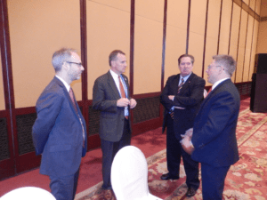USSEC CEO Jim Sutter and USSEC Regional Director – North Asia Paul Burke chat with Michael Riedel, Acting Ministerial Counselor for Agricultural Affairs of the U.S. Embassy (far left) and Bruce Blakeman, Vice President/Corporate Affairs – Asia Pacific, Cargill Asia Pacific Holdings (right)