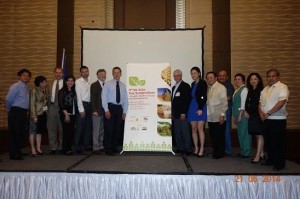 USSEC CEO Jim Sutter and ISA’s Brian Kemp pose with speakers and organizers at the 9th SEA Soy Symposium in Manila, Philippines