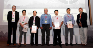Awards and appreciation were presented in recognition of the top Southeast Asian buyers of U.S. soy and agriproducts at the 11th ACC in Danang, Vietnam. (L-R): Jim Call, United Soybean Board (USB); Phoon Wing Ai, Wilmar; Jatidjan Seky Santo, FKS Multi Agro; Bob Henry, American Soybean Association (ASA); Terence Uygongco, La Filipina Uygongco Corp; Ryosuke Tsukamoto, Sojitz Vietnam; Randy Mann, USSEC/ASA