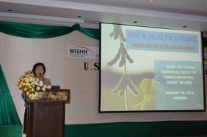 USSEC Technical Director – Human Nutrition Yeong Boon Yee speaks to attendees of the WISHH soy foods seminar in Myanmar on January 28 (Photo Credit: ASA/WISHH)