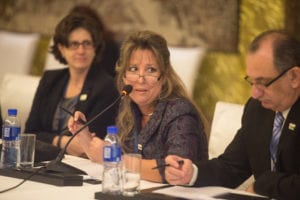 Sonia Tomassone, Paraguay, discusses issues during a planning meeting for the ISGA. 