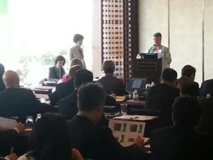 Belinda Burrier, USB Director, welcomes the audience at the U.S. food-bean conference