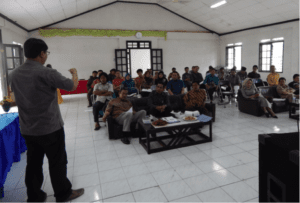 USSEC Assistant Soy Food Program Manager Ridha Muhammad talks to tofu and tempe producers at a training session organized by KOPTI Bogor District for MSMEs