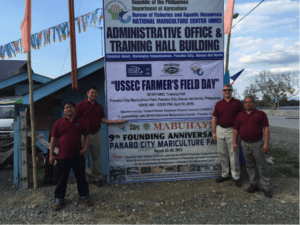(L-R) M. Pamudi, Indonesia USSEC Technical Manager-Aquaculture; Hsiang Pin Lan, USSEC Asia Marine Aquaculture Specialist; Lukas Manomaitis, USSEC SEA Technical Director – Aquaculture; and Levy Loreto Manalac, USSEC Philippines Technical Manager – Aquaculture, at the BFAR-NMC Office, Panabo Mariculture Park, Panabo City, Davao del Norte, Philippines