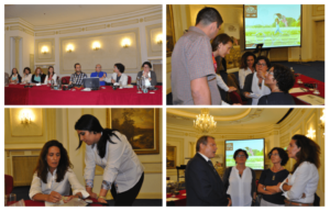 Interactions during the USSEC seminar: Dr. Baroretta and Dr. Sala interacted with participants during the question and answer sessions; Dr. Sala and Dr. Baroetta visually evaluated contaminated soybean meal brought to the meeting by Eng. Ramona Bratila (Nutritionist at Combial Feed Mill) and Eng. Marius Petre (Nutritionist at Avicola Buzau); Dr. Rebollar discussed the soybean meal adulterated samples brought to the seminar by Eng. Alina Danaila (Quality Control Manager at Banvit FNC Feed Mill); Prof. Dumitru Dragotoiu (Vice Rector and Animal Nutrition Professor at Bucharest Agricultural University) discussed potential cooperation between the universities in the field of animal nutrition programs with the Spanish professors