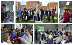 Top Left: Russian participants Dr. Vladimir Galetski and Eng. Ekatherina Varfolomeeva examine different raw materials samples under the microscope Top Middle: The group of training participants was welcomed at the University Politechnica of Madrid, where the classes took place Top Right: Dr. Paloma Rebollar demonstrating soybean meal color measurements Top Left: Dr. Mateos discussing urease activity method with the participants Dr. Roser Sala and Dr. Ana Cristina Baroetta LaJusticia introducing the role of Microscopy in detecting soybean meal adulteration 