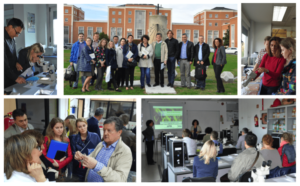 Top Left: Russian participants Dr. Vladimir Galetski and Eng. Ekatherina Varfolomeeva examine different raw materials samples under the microscope Top Middle: The group of training participants was welcomed at the University Politechnica of Madrid, where the classes took place Top Right: Dr. Paloma Rebollar demonstrating soybean meal color measurements Top Left: Dr. Mateos discussing urease activity method with the participants Dr. Roser Sala and Dr. Ana Cristina Baroetta LaJusticia introducing the role of Microscopy in detecting soybean meal adulteration