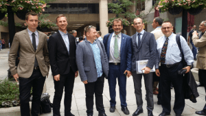 The Northeast European customers are happy after their CBOT/CME visit (from left): Michal Hadaski, ADM-Poland; Pawel Dulacz, CEFETRA-Poland; Krzysztof Ulas, AgriPlus/Smithfield-Poland, Marek Kumprecht, DeHeus-Czech Rep.; Jakub Agas, Bunge-Poland; and Jerry Kosieradzki, USSEC-NEE
