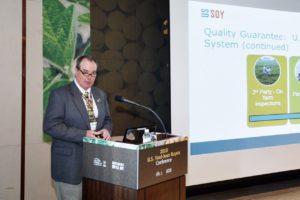 USB director Mark Caspers presents “U.S. Soy Supply – Assuring Sustainability and Quality IP Food Beans” to the audience