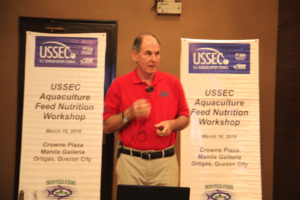 USSEC Feedmill and Nutrition Consultant Mark Newman discusses “What is New in Fish Nutrition” during the USSEC Aquaculture Feed Nutrition Workshop in Crowne Plaza Manila Galleria, Manila, Philippines