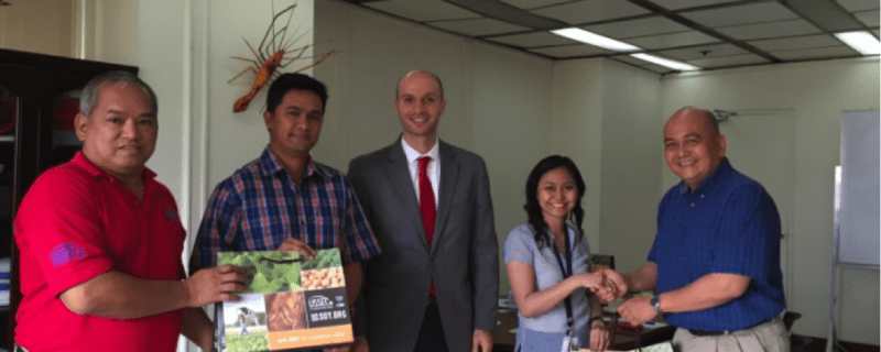 (L-R) Levy Manalac (USSEC Philippines Technical Manager-Aquaculture); Roy C. Ortega (Head - Inland Fisheries and Aquaculture Division, DA-Bureau of Fisheries and Aquatic Resources); Jeffrey Albanese (Agricultural Attaché, FAS, USDA, Manila, Philippines); Grace Soriano (Aquaculturist, DA-Bureau of Fisheries and Aquatic Resources); and Teodoro Cortes (USSEC Country Manager - Philippines) during a visit to the DA-Bureau of Fisheries and Aquatic Resources in Quezon City, Philippines on March 9