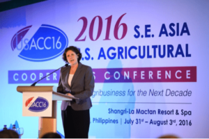 USSEC Marketing Director Rosalind Leeck, delivering her paper on U.S. Soy Sustainability Assurance Protocol (SSAP)