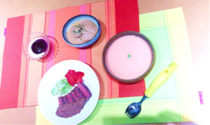 Care food recipe: Blanc-manger with blueberry sauce thickened with soy flour