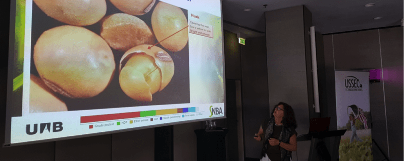 Feed microscopy expert Dr. Roser Sala Paralles of the University Autonoma of Barcelona describes the magnified soybean picture taken under a stereoscopical microscope