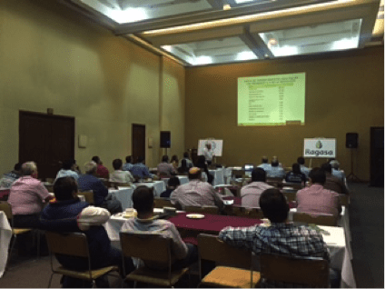 USSEC consultant Carlos Campabadal presents a conference on the use of pelleted soybean hulls in animal diets