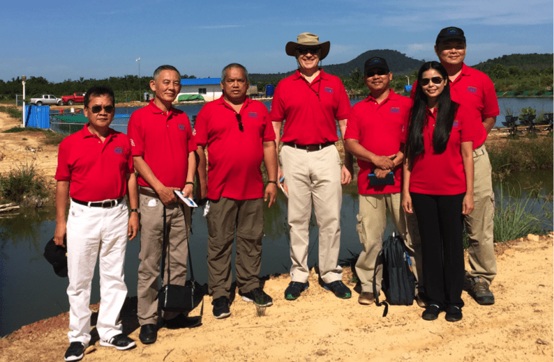 (L to R) Group photo of USSEC SEA Aquaculture Team at an aquaculture farm in Cambodia: Dr. Gede S.Sumiarsa (ID LTS), Mr.Vo Hoang Nguyen (VM TM), Mr. Levy L. Manalac (RP TM), Mr. Lukas Manomaitis (APTC), Mr.Pamudi (ID TM), Ms. May Myat Noe Lwin (MM TM), Mr. Hsiang Pin Lan (Asia Marine Specialist)