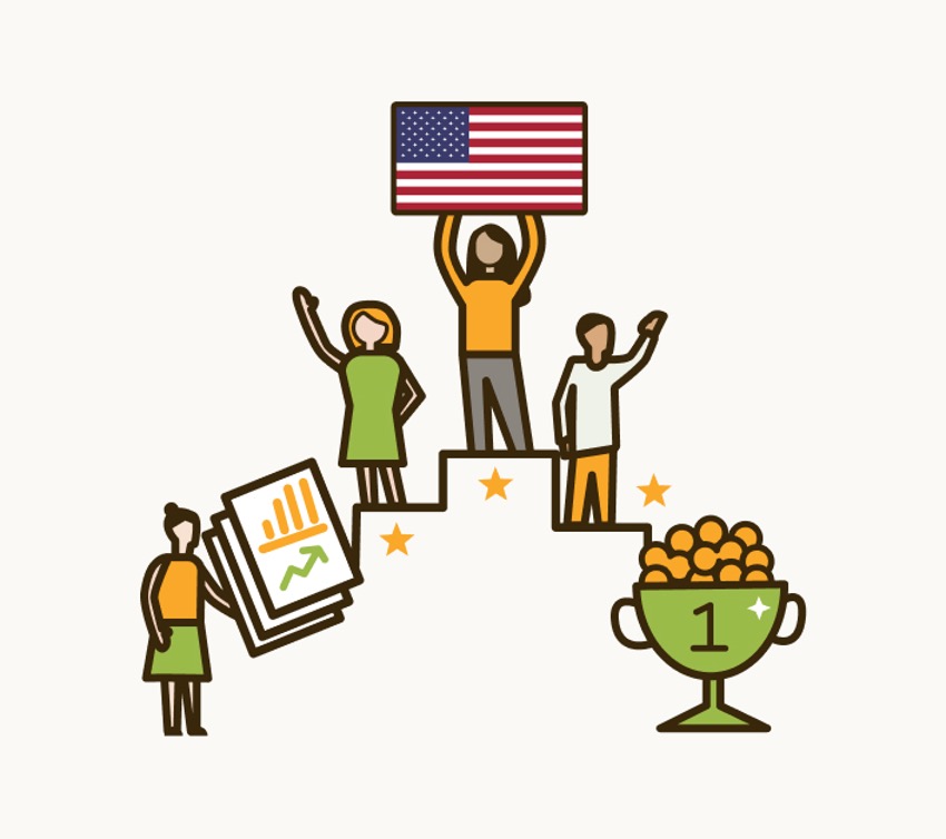 A graphic of winners on a podium, with a flag and trophy, symbolizing success.