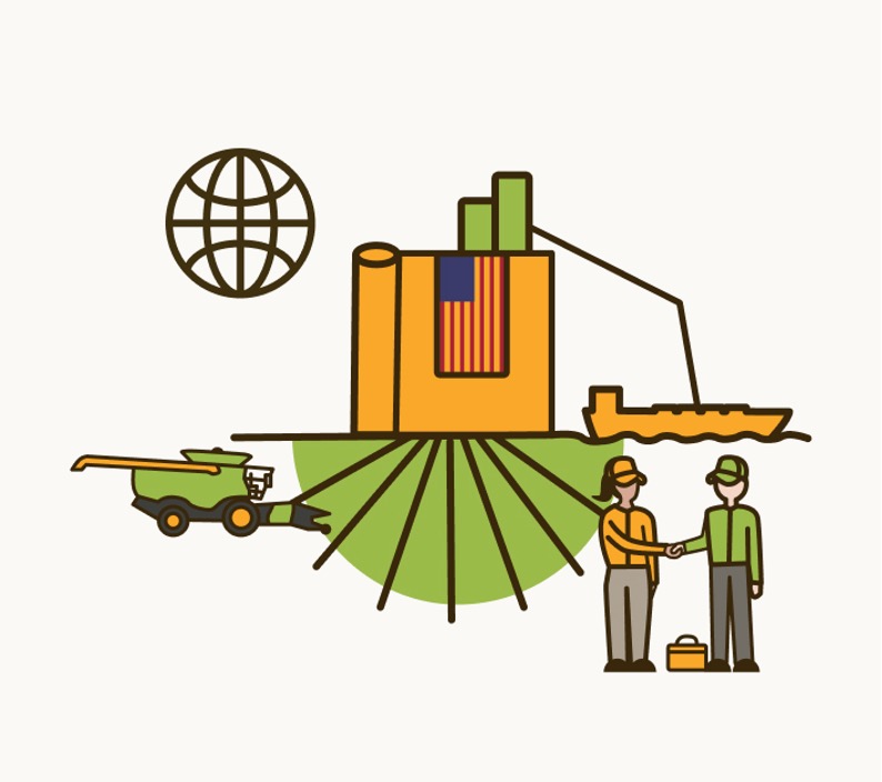 A graphic of two people standing beside a large factory and a globe, symbolizing industry and global connection.