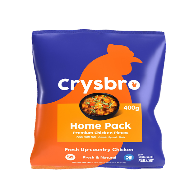 Bag of frozen chicken pieces with Fed with Sustainable U.S. Soy label printed on it