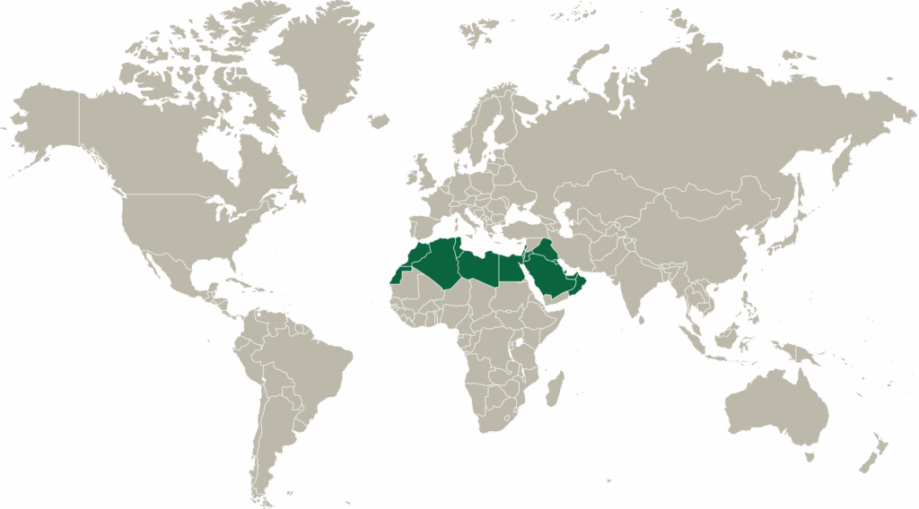 a map of the world where every country is grey except for Middle East and North African countries, which are green