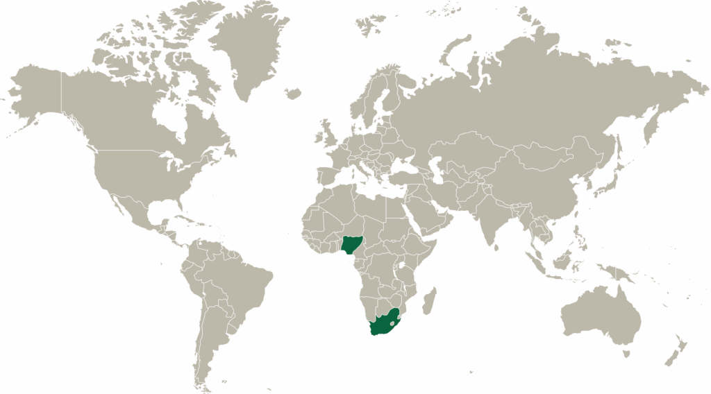 a map of the world where every country is grey except for Nigeria and South Africa, which are green
