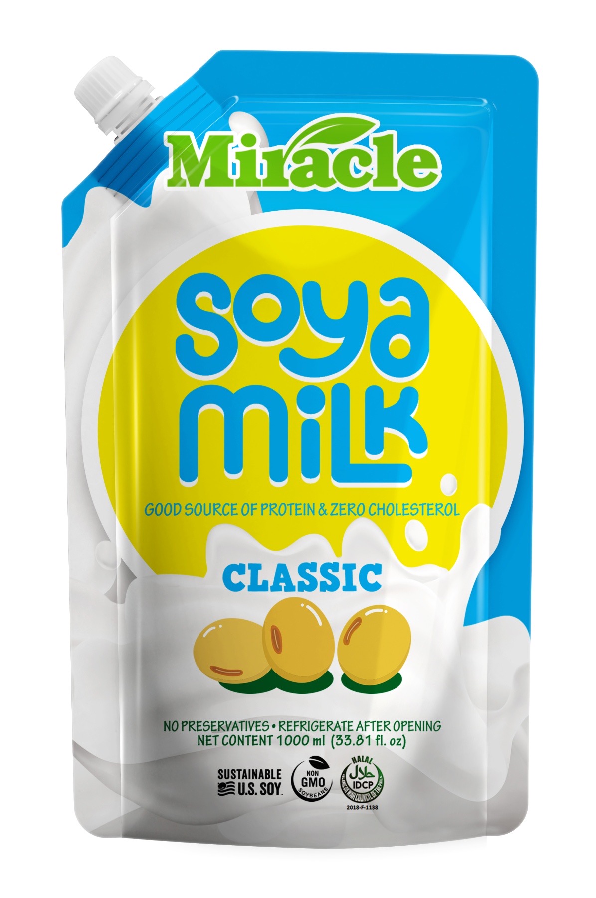 Package of Miracle Soybean Food Soya Milk with Sustainable U.S. Soy label


