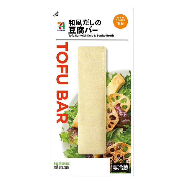 Tofu snack stick with Sustainable U.S. Soy label on package