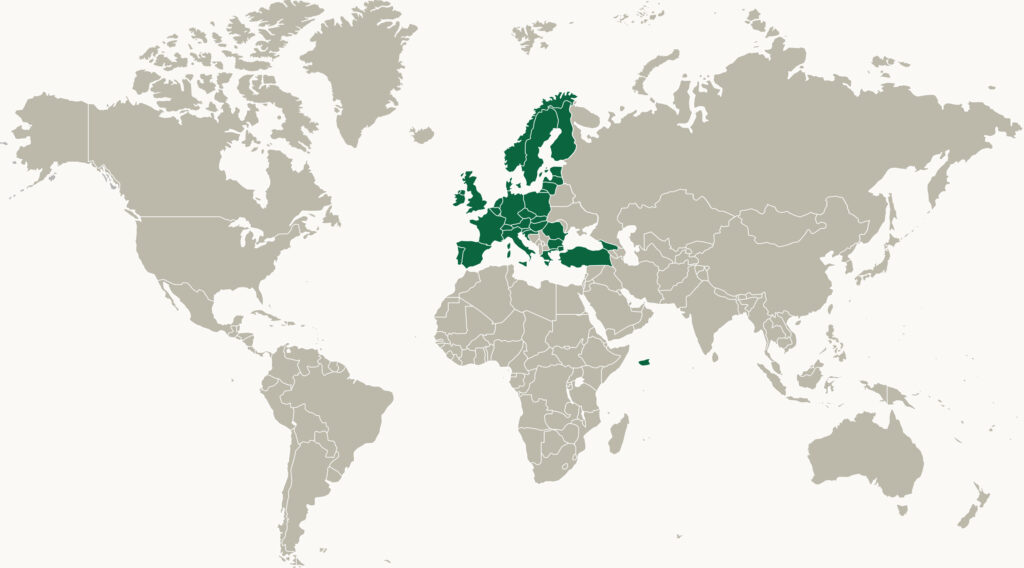 A map of the world where the Europe region is highlighted
